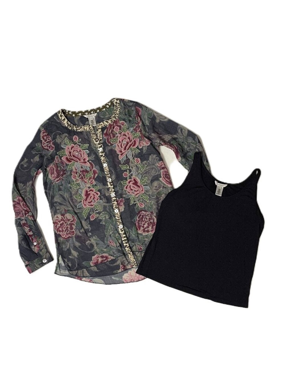 John Mark Blouse Tank Top Women S Floral Embroidered Button Up Roll Tab Artsy